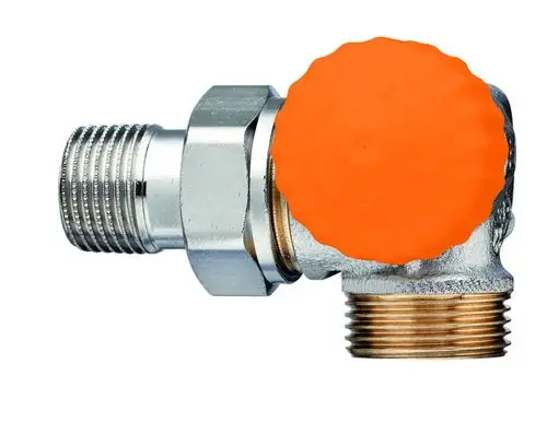 Thermostatventilunterteil mit orangefarbigem Griff und einem gewinkelten Anschluss. Ausgeführt in Metall für Heizungsanwendungen, hergestellt von IMI Hydronic Engineering.
